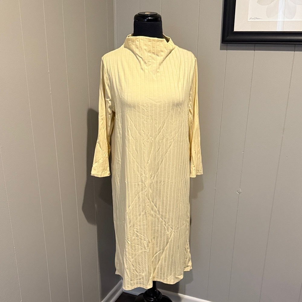 E Eileen Fisher Women’s Medium Yellow Long Cropped Sleeve Boat Neck MIDI Dress